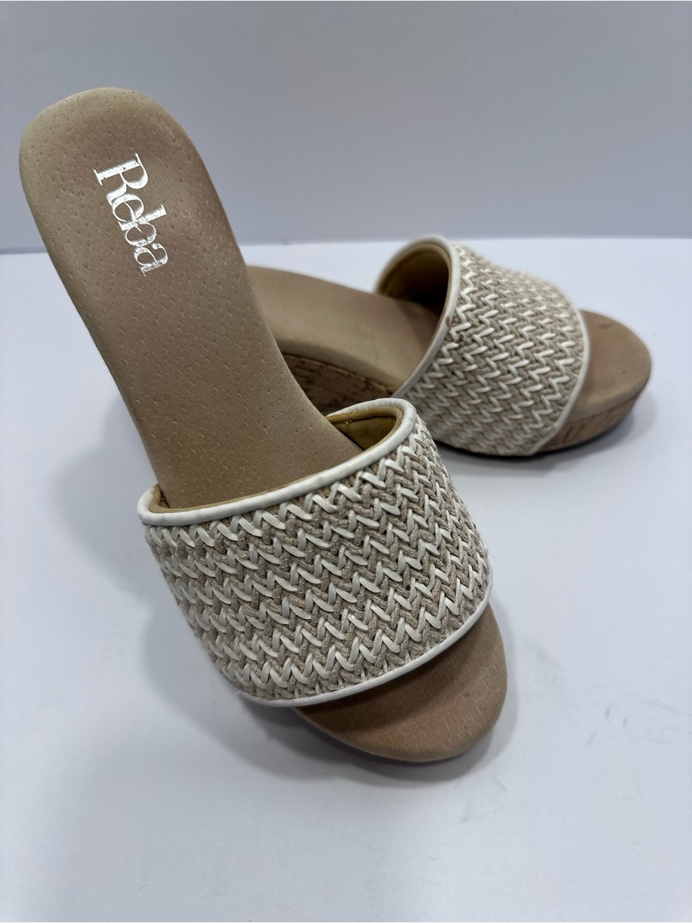Reba Cream Woven Slide Wedges with Cork Bottom Size 6M